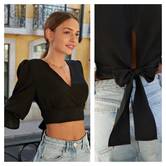 Back Ties V-Neck Black Crop Top - Picture 6 of 8